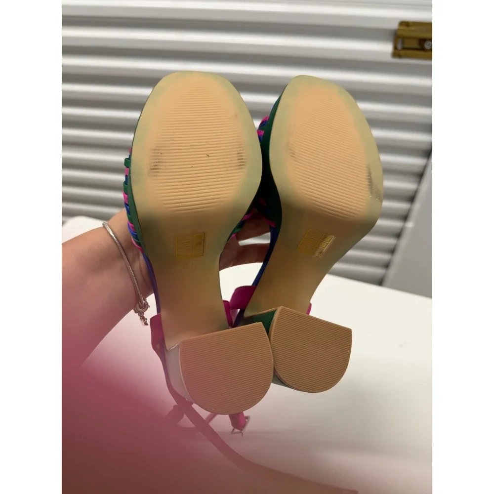 Shoe Envy Multi-Color Satin Platform Block Heels Pink Blue Green Size 6.5